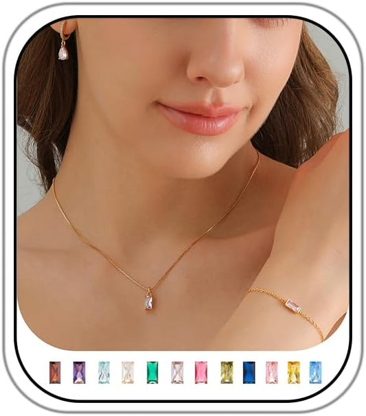 Birthstone 14K Gold Plated Bracelets Earrings Necklaces Jewelry Set， Blue Green May Cubic Zirconia，Friendship Bracelets Jewelry Gifts for Mom Best Friend Birthday