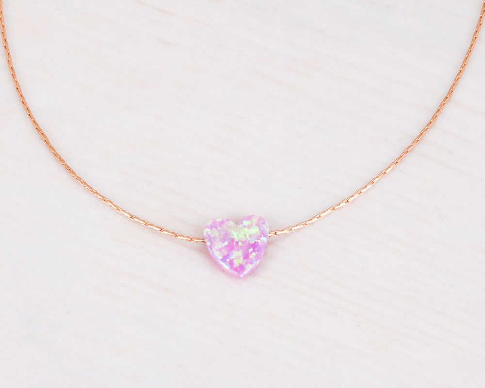 Pink Opal Heart on Rose Gold Filled Choker Necklace - Designer Handmade Necklace for Women - Length: 13.5 inch + 3 inch Extender (rose gold filled, pink)