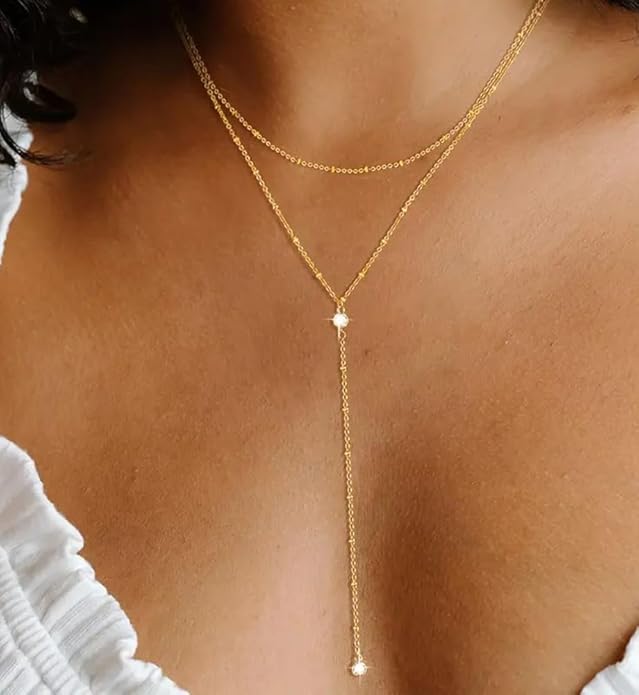 iF YOU Lariat Gold Long Necklaces for Women Trendy, Dainty 14K Gold Plated Drop Chain Necklace, Layered Rosary Beaded Y Necklaces Simple Fashion Jewelry Gifts
