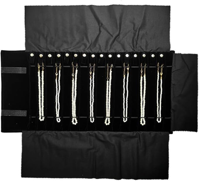 SCIKHEFT Portable Jewelry Roll Untangled Secure Necklace Travel Storage Bag Displays Holder 16 Chain (Black Diamond)