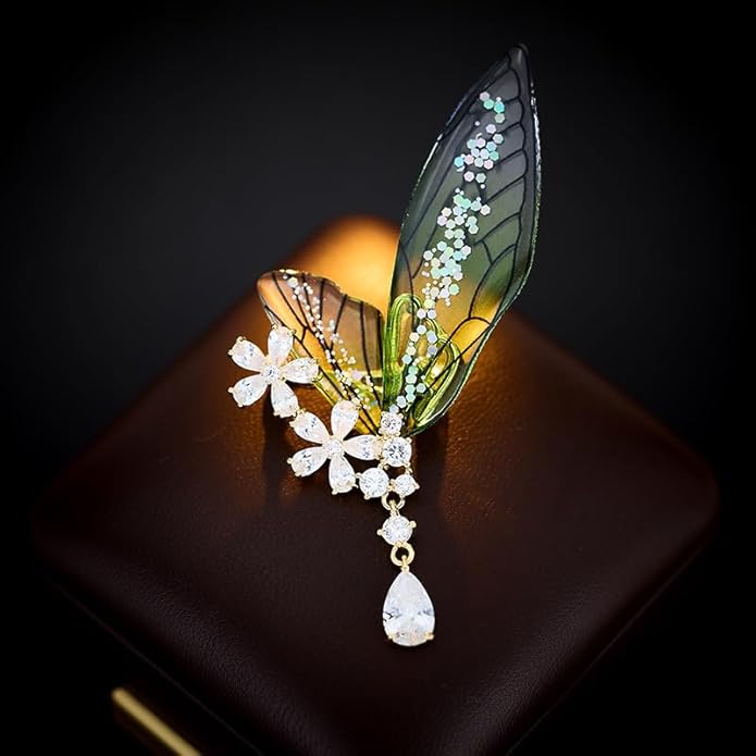 14K Gold Luxury Butterfly Brooch Sparkling Moissanite Accents & Enamel Painted Details, Retro Chic for Cheongsam, Coats & Formal Attire