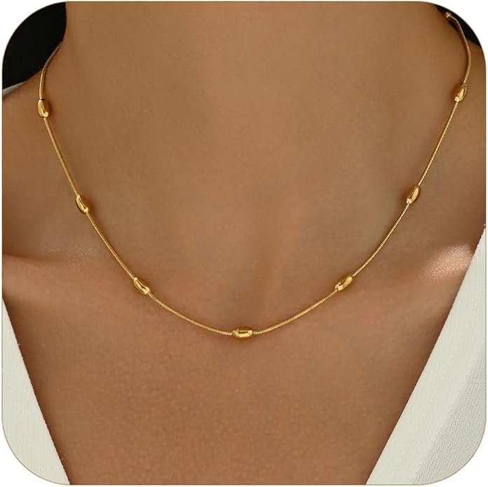 Gold Chain Necklace for Women Dainty 18K Gold Plated Thin Satellite Beaded Turquoise Necklace Simple Gold Boho Jewelry