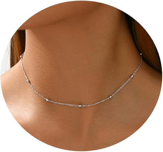 Dainty Chain Necklace for Women, 18K Gold Plated Coin Disc Choker Necklaces Simple Satellite Beaded Twisted Thin Paper Clip Chain Everyday Jewelry Gifts