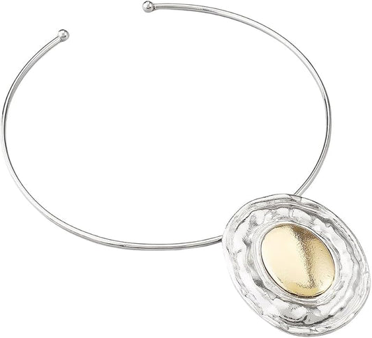 Fashion Chunky Statement Necklaces - African Choker Necklace with Gold Oval Pendant,Tribal Collar Necklace Hammered Metal Jewelry for Women