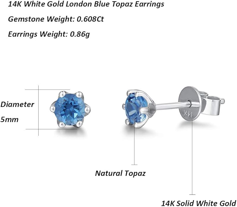 Agvana 14K Solid Gold Diamond Cut Solitaire Genuine Aquamarine Topaz Tiny Stud Earrings for Women Birthstone Jewelry Anniversary Birthday Gifts for Women Mom Wife Her, Size 5mm
