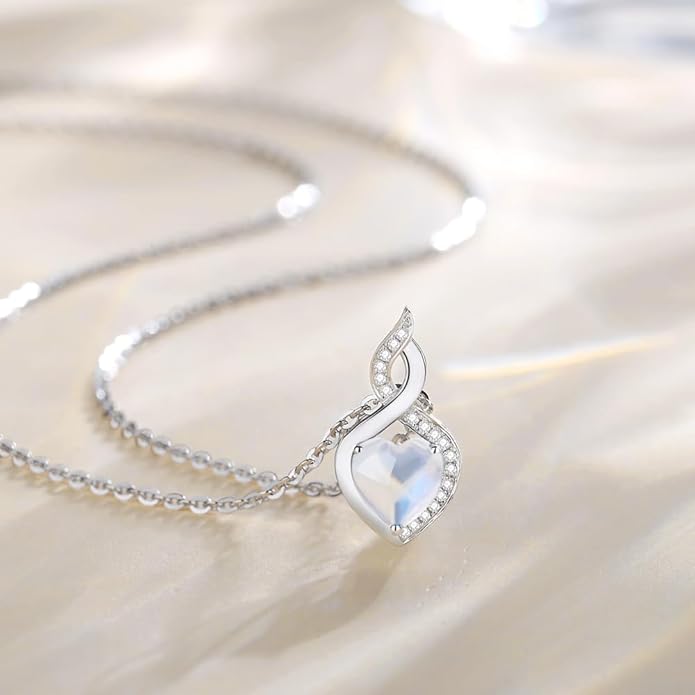 FANCIME 14K Solid White Gold Heart Birthstone Necklace with Diamond Pendent Birthday Gifts for Mom Women, Sterling Silver Chain 16" + 2" Extender