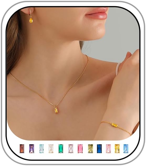 Birthstone 14K Gold Plated Bracelets Earrings Necklaces Jewelry Set， Blue Green May Cubic Zirconia，Friendship Bracelets Jewelry Gifts for Mom Best Friend Birthday
