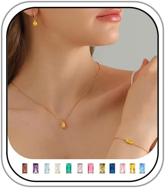 Birthstone 14K Gold Plated Bracelets Earrings Necklaces Jewelry Set， Blue Green May Cubic Zirconia，Friendship Bracelets Jewelry Gifts for Mom Best Friend Birthday
