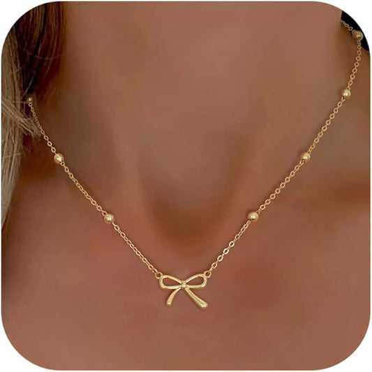 Gold Necklace for Women Dainty Bow Necklace 14K Gold Plated Cute Choker Necklace Small Bow Pendant Charm Necklaces Teen Gift Trendy Stuff Personalized Jewelry Gifts