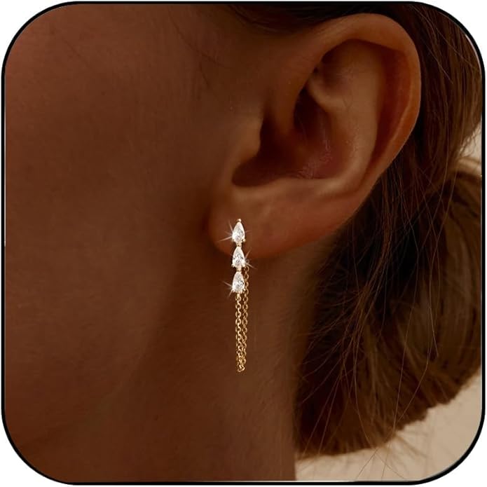 Gold Earrings for Women,Dainty 14k Gold Plated Pearl Drop Earring Dangle Pearl Dangling Earrings for Women Trendy Small Cute Wedding CZ Earring Long Chain Threader Prom Jewelry Gifts