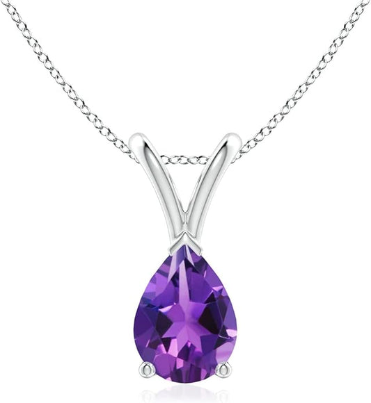 Angara Natural Amethyst Solitaire Pendant for Women | V-Bale Pear-Shaped Amethyst Solitaire Pendant in 14K Solid Gold/Silver/Platinum | February Birthday, Anniversary, Gemstone Jewellery Gift