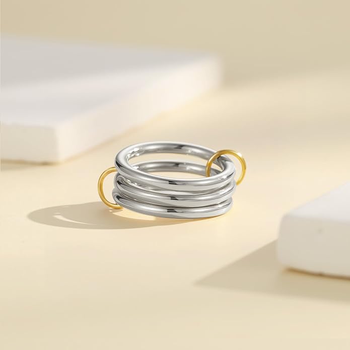 Emibele 14K Gold Plated Stackable Rings for Women, Interlocking Non Tarnish Gold Rings, Silver Dainty Cubic Zirconia Bands, Two-Toned Mixed Metal Stacking Band, Trendy Jewelry Gifts for Women