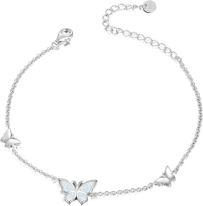 WINNICACA Sterling Silver Butterfly Bracelet Anklet Created Opal Butterfly Jewelry Gifts for Women Birthday Christmas Day Gifts