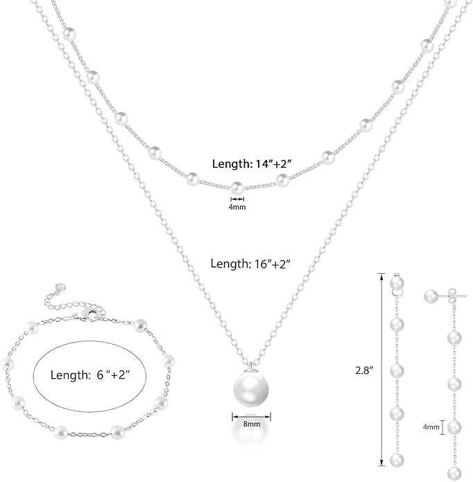 Zeffy Gold Pearl Necklace for Women, Dainty 14K Gold/Silve Plated Layered Pearl Choker Pearl Earrings Pearl Bracelets Wedding Trendy Gold Jewelry Set for Women Gifts