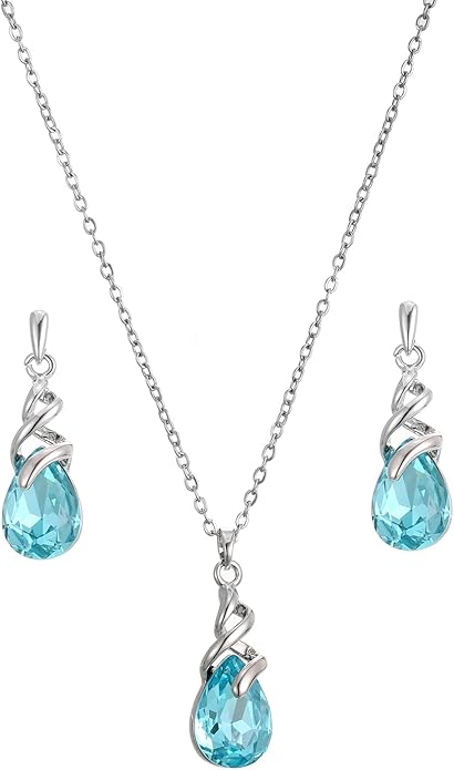 RUOFFETA Teardrop Crystal Jewelry Set, Birthstone Pendant Necklace Drop Dangle Earrings for Women