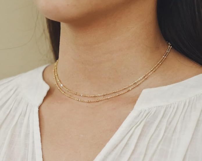 14K Gold Necklace for Women, Womens Dainty Chain Necklace Plated Shining Dots Satellite Choker Box Chain, Women Layering Necklaces