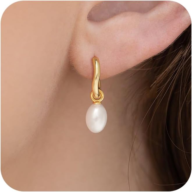 14K Gold Plated Pearl Dangle Earrings for Women, Small Pearl Drop Huggie Hoop Earrings, Hypoallergenic Dainty Gold Wedding Earrings Jewelry Gifts for Women Trendy