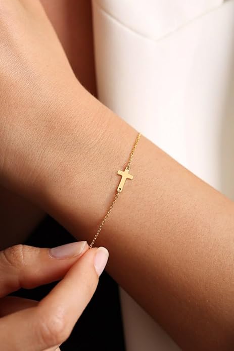 Moodear Christmas Gifts Sotcking Stuffers, Dainty 925 Sterling Silver/14k Gold Plated CZ Cross Bracelet Layered Snake Pearl Chain Knot Bracelets for Women Trendy Religious Christian Jewelry