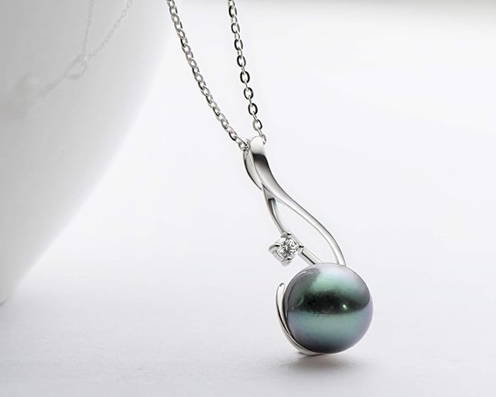 DENGGUANG Tahitian Black Pearl Necklace for Women Genuine 9-10mm Round Tahitian Cultured Pearls Pendant 18K Gold Plated 925 Sterling Silver - Jewelry Gifts for Mom Wife Daughter