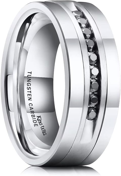 King Will Mens Tungsten Wedding Band with Cubic Zircon Inlay 7mm/8mm Flat Cut Comfort Fit Engagement Rings