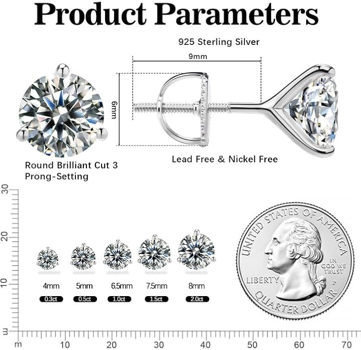 Moissanite Earrings for Men Women,VVS1 Clarity D Color 0.3-2ct,925 Sterling Silver Hypoallergenic Screw Back,Ideal Gift for Wedding Birthday Anniversary Valentine's Day
