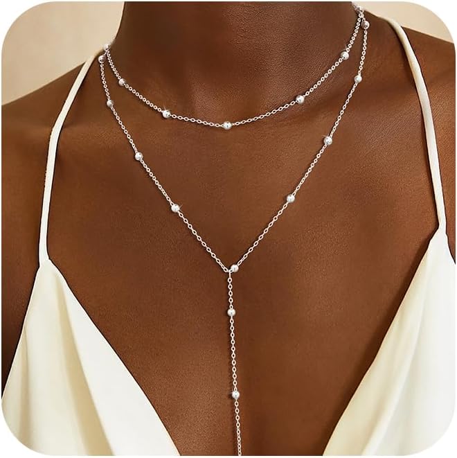 Lariat Gold Necklaces for Women Trendy Dainty Long Necklace 14k Gold Plated/Silver Layered Drop Beaded Chain Necklaces Y-shaped Pendant Necklace Simple Gold Jewelry Gifts