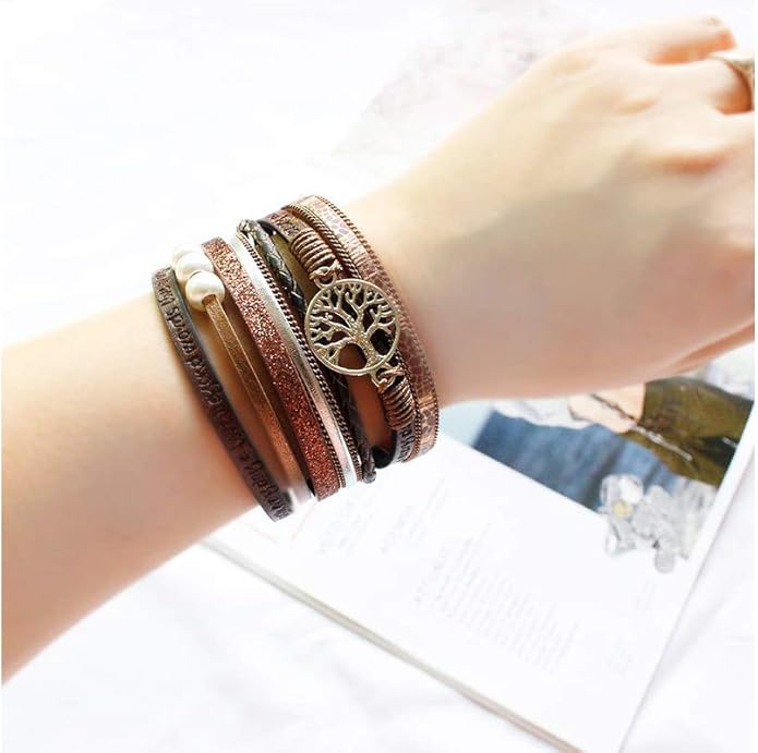 Fesciory Leather Wrap Bracelets for Women, Boho Leopard Multi-Layer Crystal Beads Cuff Bracelet Jewelry