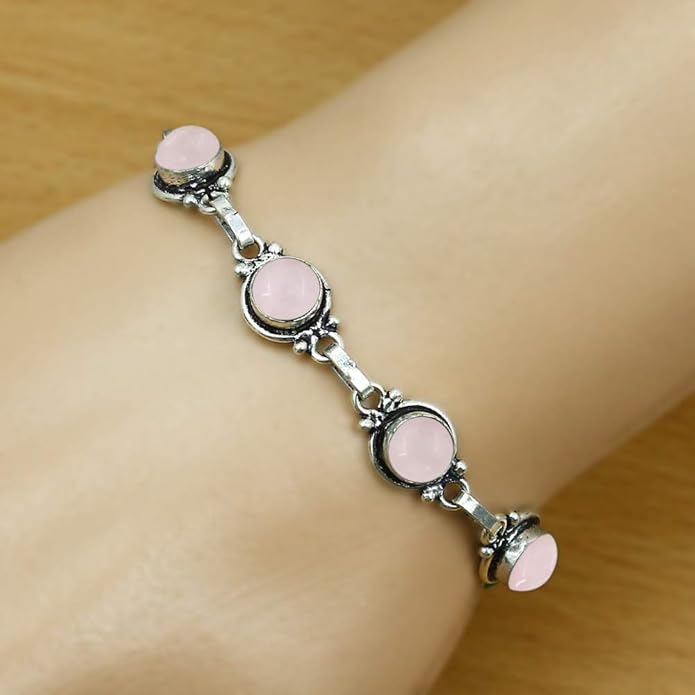 Round Shape Natural & Synthetic Gemstones Silver Plated Bracelets for Women - Vintage Bohemian Style Handmade Birthstone Adjustable Link Bracelet Jewelry Gifts for Wedding Anniversary Mother's Day