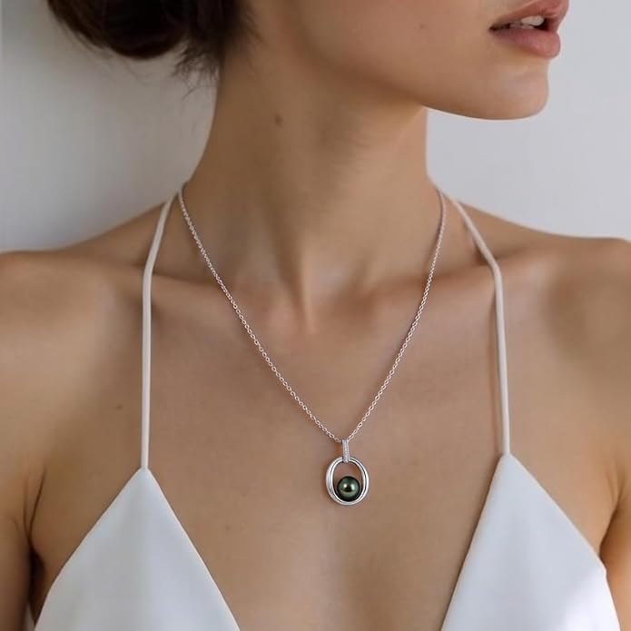 Genuine Tahitian Black Pearl Necklace for Women, 9-11mm AAAA Seawater Pearl with Sterling Silver Moissanite Pendant, Jewelry Gift for Wife, Mom, Girlfriend, Wedding Anniversary, Birthday, Christmas