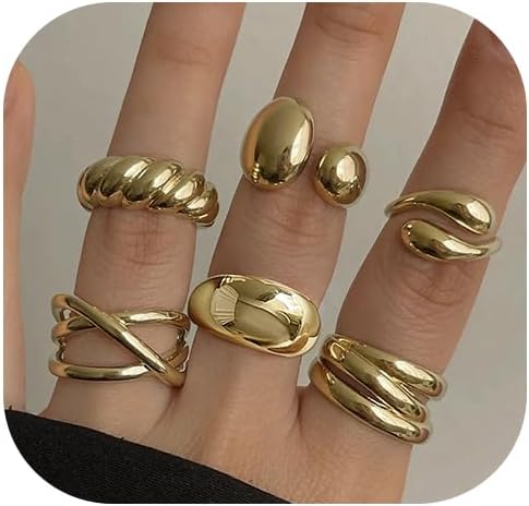17 MILE Chunky Gold Stackable Rings for Women Non Tarnish, 18K Gold-Plated Statement Open Stacking Rings, Knuckle Band Ring Set