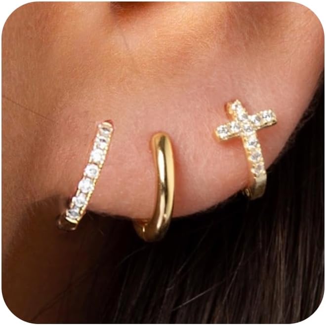 DORANA Valentines Day Gift 3 Pairs 925 Sterling Silver Earrings for Women Girls Non Tarnish Small Hypoallergenic Huggie Hoops Cartilage Stack Earring Sets for Multiple Piercing