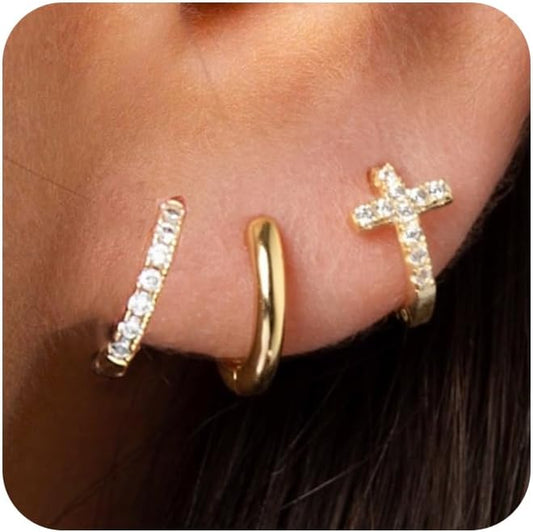 DORANA Valentines Day Gift 3 Pairs 925 Sterling Silver Earrings for Women Girls Non Tarnish Small Hypoallergenic Huggie Hoops Cartilage Stack Earring Sets for Multiple Piercing
