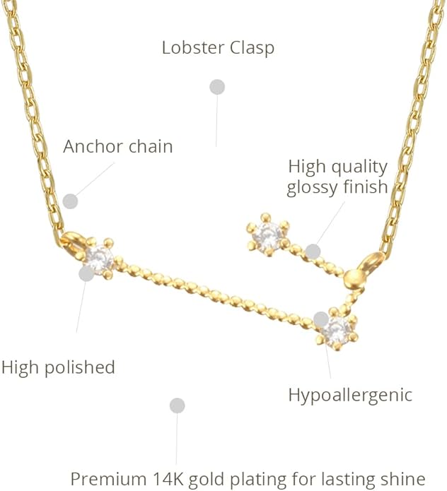 Zodiac 18K Gold Plated CZ Necklace With Message Card, Yellow Gold Color, Anchor Chain, Best Gift Necklace, Size 16 inch + 2 inch Extender, Pendant, Constellation, Gift Card