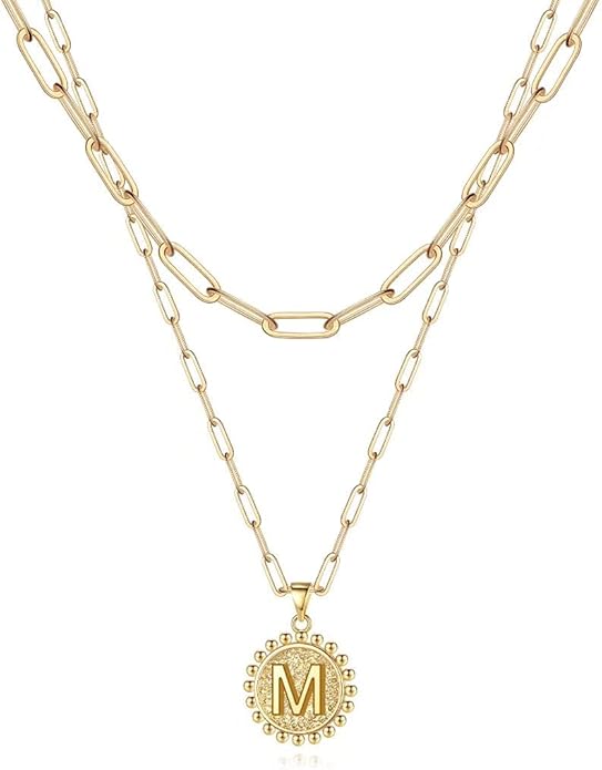 Ursteel Layered Initial Necklaces for Women, 14K-Gold-Plated Dainty Layering Paperclip Chain Necklaces for Women Jewelry