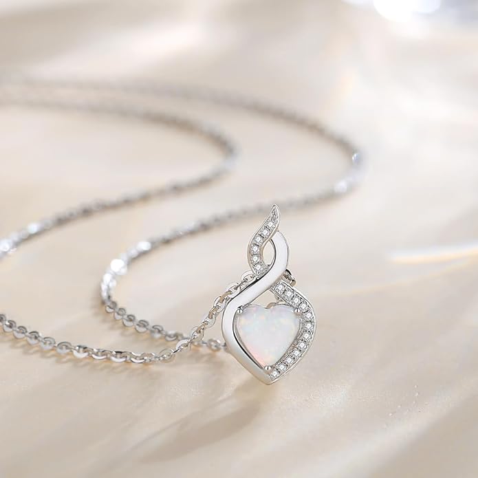FANCIME 14K Solid White Gold Heart Birthstone Necklace with Diamond Pendent Birthday Gifts for Mom Women, Sterling Silver Chain 16" + 2" Extender