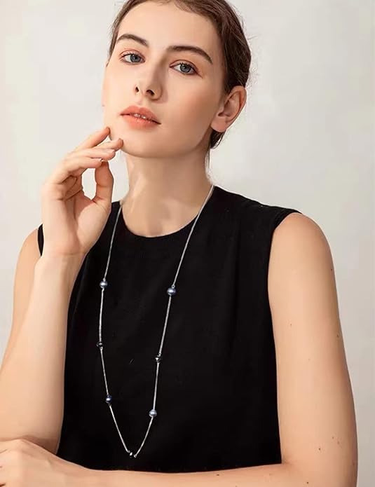 Silver Layered Long Necklace for Women Pearl Crystal Sweater Strand Chain Necklaces Fashion Gifts
