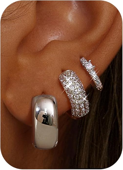 LOLIAS Small 14K Gold Plated Chunky Hoop Earrings for Women Hypoallergenic Silver Earrings Set for Sensitive Ears Non Tarnish Huggie Hoops Earring Stacks for Multiple Piercing Jewelry Lightweight 3Pairs