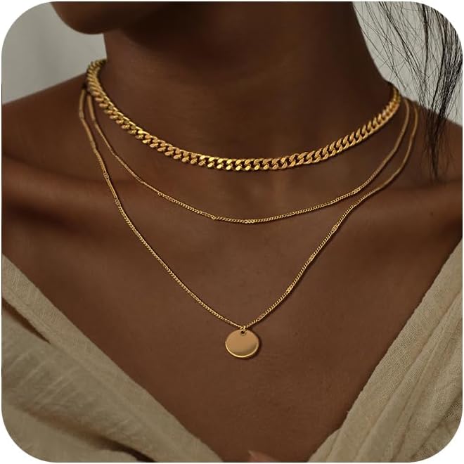 Layered Gold Silver Necklaces for Women, Stackable Stack 14K Real Gold Plated Silver Chain Necklace Diamond Circle CZ Layering Pendant Necklaces Trendy Gold Jewelry Set Gifts