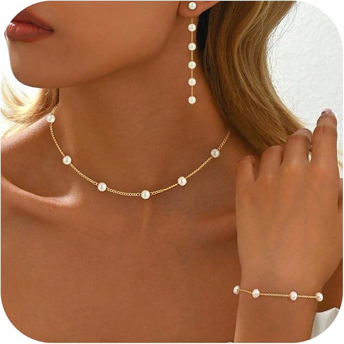 Pearl Necklaces for Women Trendy, 18K Gold/Silver Plated Layered Pearl Necklace Dainty Pearls Choker Necklace and Earring Set Simple Pearls Bracelets Wedding Prom Gold Jewelry for Women Gifts