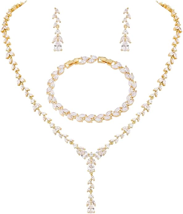 MEEDOZ Bridal Wedding Jewelry CZ Set Marquise Teardrop Cubic Zirconia Pendant Necklace and Dangle Earring Bracelet Sets for Women