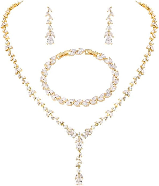 MEEDOZ Bridal Wedding Jewelry CZ Set Marquise Teardrop Cubic Zirconia Pendant Necklace and Dangle Earring Bracelet Sets for Women