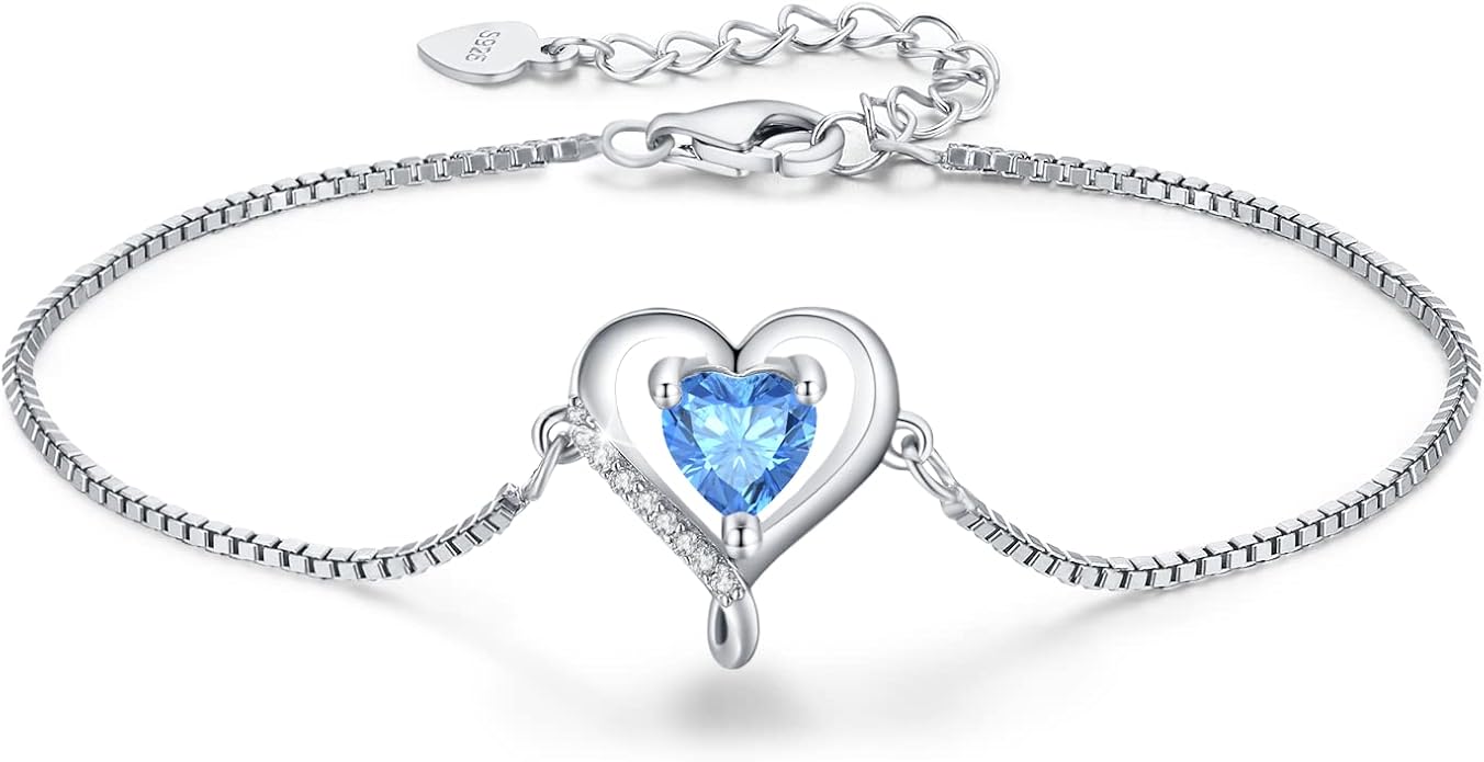 LAVUMO Love Heart Bracelets for Women 925 Silver Charm Birthstone Bracelet Adjustable Anniversary Birthday Jewelry Gifts for Women Girlfriend Wife Daughter Mom Her