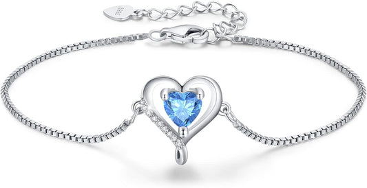 LAVUMO Love Heart Bracelets for Women 925 Silver Charm Birthstone Bracelet Adjustable Anniversary Birthday Jewelry Gifts for Women Girlfriend Wife Daughter Mom Her