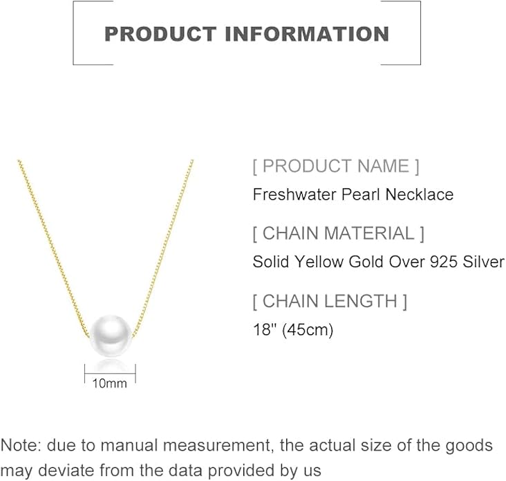 Solid 14K Gold Over 925 Silver Pearl Necklace for Women,Dainty Freshwater Cultured White Pearl Pendant Necklace,Fashion Jewelry Gift for Her