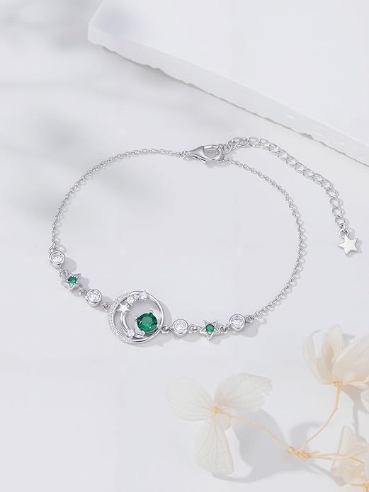 Moon and Star Birthstone Charm Link Bracelet 925 Sterling Silver Moon and Star Bracelet with 12 Months Birthstone Birthday Jewelry Gifts for Women Mom Her,Chain Length 7"+2" Extend