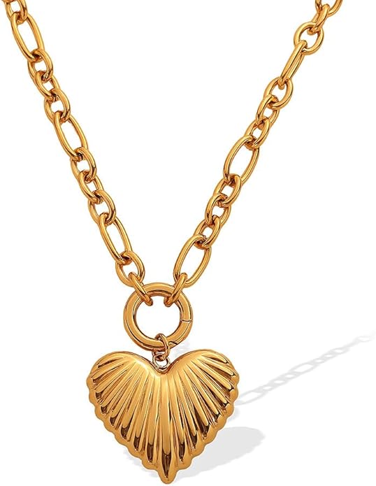 Chunky Gold Heart Necklace for Women,18K Gold Plated Puffy Heart Pendant with Paperclip Chain,Stainless Steel Statement Jewelry Waterproof Jewelry Gift for Chrismas