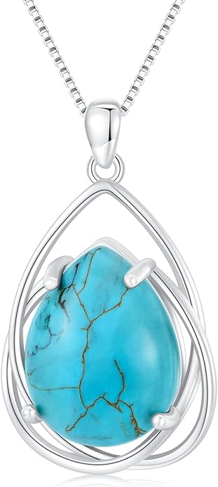 Teardrop Turquoise Pendant Necklace, 925 Sterling Silver December Birthstone Necklace Vintage Western Jewelry Gift for Women