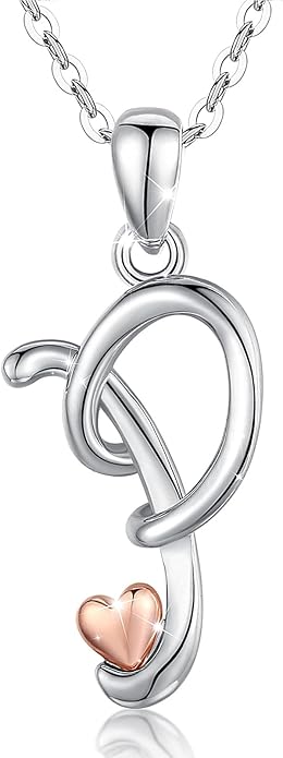 CELESTIA 925 Sterling Silver Initial Necklaces 26 Letter with Rose Gold Heart - 18 Inch Chain