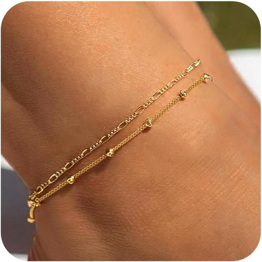 Ritach Ankle Bracelets for Women - Silver/Gold Plated Stainless Steel Anklets for Women Waterproof Layered Cuban Link Figaro Chain Heart Anklets Set Summer Beach Jewelry Gifts