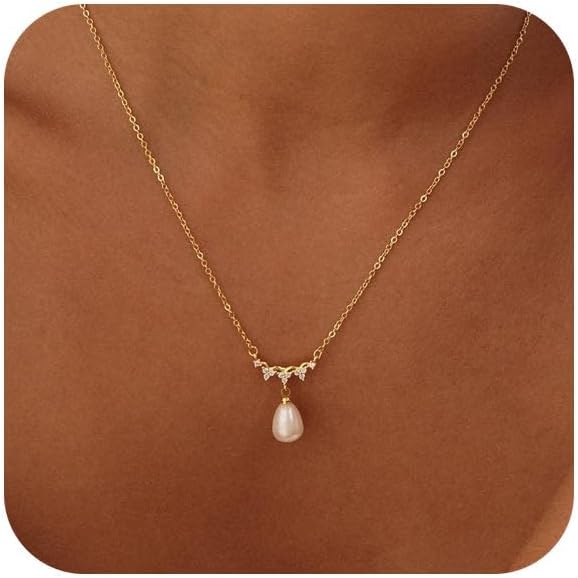 Pearl Necklace for Women Trendy,14k Gold Plated Necklace Dainty Wedding Necklace Small Cute Choker Necklace Beaded Lariat Drop Necklace Vintage Waterproof Jewelry for Women Gold Jewelry Fashion Gifts